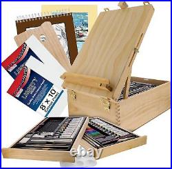 U. S. Art Supply 95 Piece Wood Box Easel Painting Set Oil, Acrylic, Natural