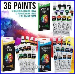 U. S. Art Supply 95 Piece Wood Box Easel Painting Set Oil, Acrylic, Natural