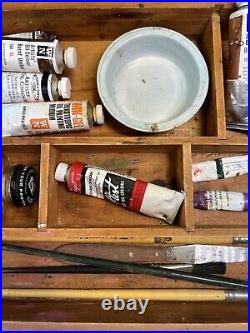 VTG Wooden Art Box Oil Paint Grumbacher Winsor & Newton Sargent Set Brushes