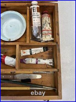 VTG Wooden Art Box Oil Paint Grumbacher Winsor & Newton Sargent Set Brushes