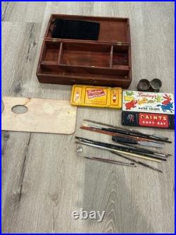 Vintage Artist Wood Paint Box with Grumbacher Brushes USA & Lindsey's Water Colors
