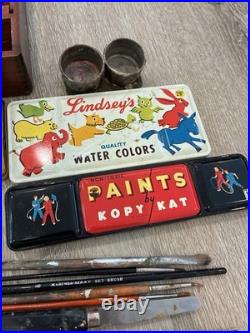 Vintage Artist Wood Paint Box with Grumbacher Brushes USA & Lindsey's Water Colors