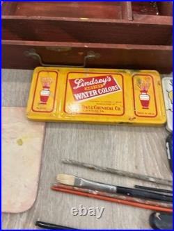 Vintage Artist Wood Paint Box with Grumbacher Brushes USA & Lindsey's Water Colors