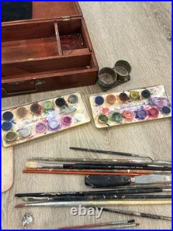 Vintage Artist Wood Paint Box with Grumbacher Brushes USA & Lindsey's Water Colors