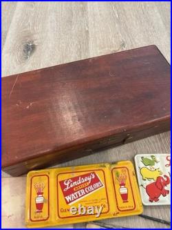 Vintage Artist Wood Paint Box with Grumbacher Brushes USA & Lindsey's Water Colors