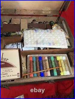 Vintage Grumbacher Artist's Wood Box Case with Pastels, Paint, Brushes etc. Lot