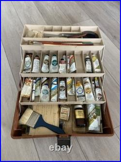 Vintage Grumbacher artist painting box 30 oil paints 15+ brushes & accessories