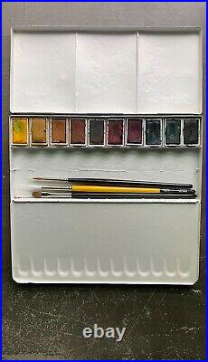 Vintage Metal Watercolor Palette Box w. Brushes