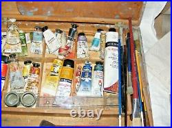 Vintage Wooden Artist Painters Wooden Box, Brushes, Oils, Palette, Oil Paints