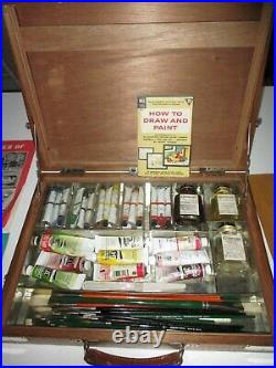 Vtg Wooden Artists' Paint & Supply Box Brushes Palette Paints Grumbacher Winton