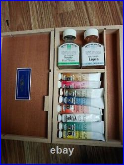 Windsor & Newton Vintage Wood Box Painter Set Oil Colors Paint Brushes Pallet
