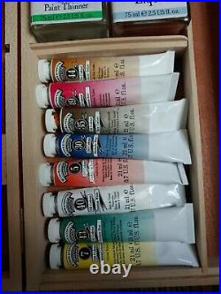 Windsor & Newton Vintage Wood Box Painter Set Oil Colors Paint Brushes Pallet